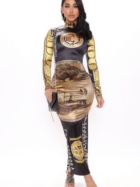Fashion Nova Black & Gold Graphic Long Sleeve Bodycon Maxi Dress